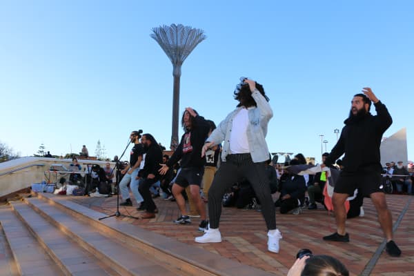 A haka was performed in Civic Square before the march to Parliament and protesters were asked to take a knee on 14 June, 2020.