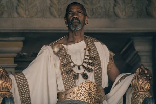 Denzel Washington as Macrinus in Gladiator II (2024), directed by Ridley Scott.