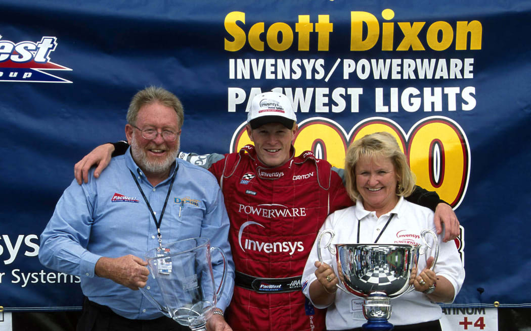 Scott Dixon with his parents and trophy after his win in the Indy Lights Championship at Fontana Raceway, California, 2000.