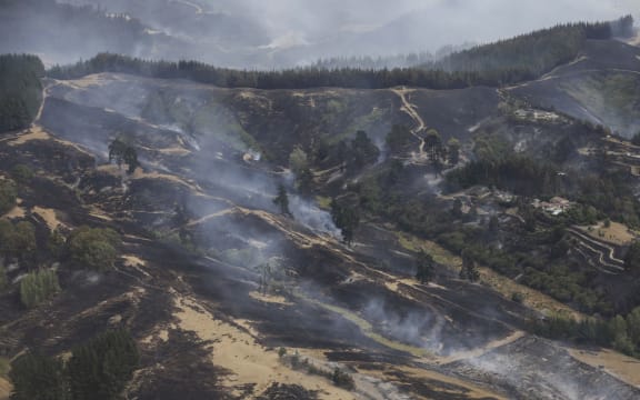 Nelson fire, aerial view over Eves Valley, Pidgeon Valley and Redwood Valley.