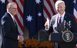 US President Joe Biden and Australia’s Prime Minister Anthony Albanese leave a joint press conference at the Rose Garden of the White House in Washington, DC on October 25, 2023. (Photo by SAUL LOEB / AFP)