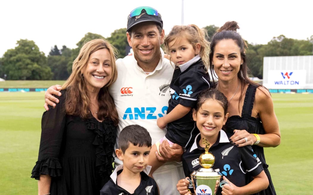 Ross Taylor and family after his final test for the Black Caps. Second test against Bangladesh at Hagley Oval in Christchurch, New Zealand, Tuesday 11 January 2022.