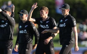Blackcaps Ben Sears (C celebrates the wicket of Pakistan's Abdullah Shafique during the 3rd ODI cricket match between the Blackcaps and Pakistan at Bay Oval, Tauranga. 5 April 2025, © Copyright image by Marty Melville / www.photosport.nz