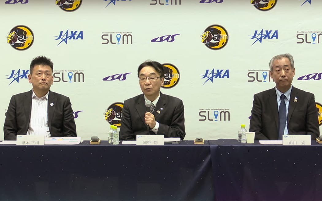 This screen grab taken on January 20, 2024 from the Japan Aerospace Exploration Agency (JAXA) video broadcast via YouTube shows Masaki Fujimoto (L), deputy director general of the Institute of Space and Astronautical Sciences of JAXA (ISAS/JAXA), Hitoshi Kuninaka (C), director general for ISAS/JAXA, and Hiroshi Yamakawa (R), JAXA president, speaking during a press conference in Sagamihara, Kanagawa prefecture, south of Tokyo. Japan became on January 20 only the fifth nation to achieve a "soft landing" on the Moon, but its space agency said that the craft's solar cells were not generating power. (Photo by Handout / JAPAN AEROSPACE EXPLORATION AGENCY (JAXA) / AFP) / -----EDITORS NOTE --- RESTRICTED TO EDITORIAL USE - MANDATORY CREDIT "AFP PHOTO / JAXA" - NO MARKETING - NO ADVERTISING CAMPAIGNS - DISTRIBUTED AS A SERVICE TO CLIENTS