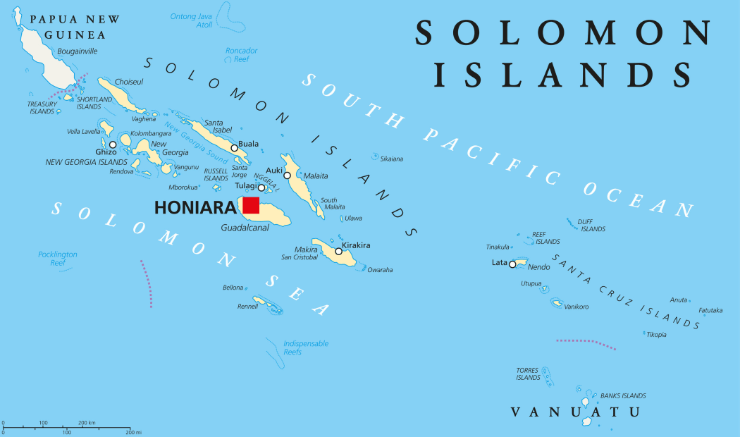 Solomon Islands political map with capital Honiara on Guadalcanal. Sovereign country consisting of six major islands in Oceania between Papua New Guinea and Vanuatu.