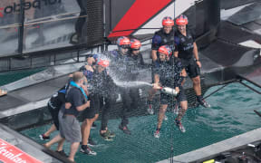 Team New Zealand celebrate their victory as they now head into the finals. Louis Vuitton America's Cup Challenger Playoffs Finals, Day 3 , Day 3.