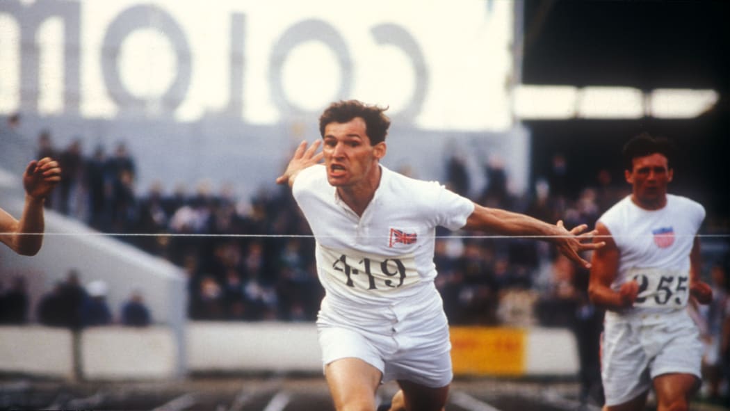 Ben Cross as Harold Abrahams breaks the tape in Chariots of Fire
