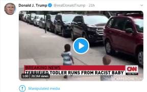 The US president's tweet is now annotated with a warning about the edited video.