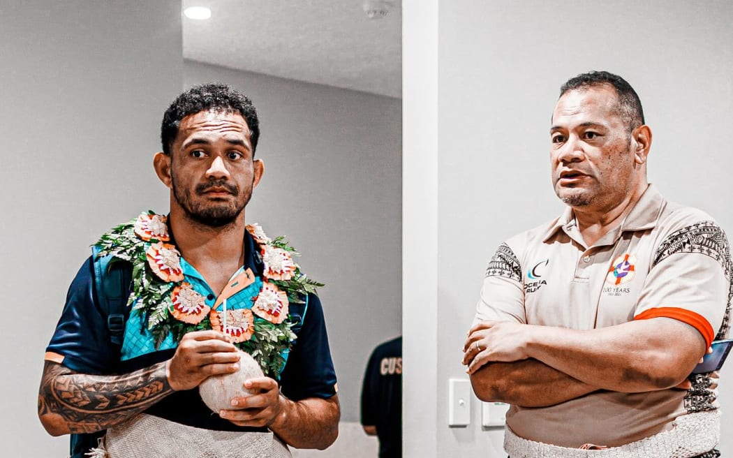 Moana Pasifika captain Sione Havili Talitui (left) with Tonga Rugby Union interim chief executive officer 'Aisea Aholelei in Nuku'alofa on Wednesday when the team arrived in the Tongan capital ahead of Saturday's game. Photo: Moana Pasifika