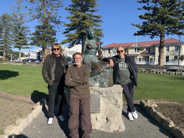 In his downtime, Cameron Bennett write songs about NZ’s colonial history and plays acoustic guitar and lap steel in Unsung Heroes - he is seen here with bandmates Chris Priestley and Peter Elliott.