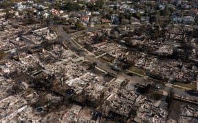 An aerial image shows homes damaged and destroyed by the Palisades Fire in the Pacific Palisades neighborhood of Los Angeles, California, on 29 January.