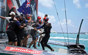Emirates Team New Zealand at the finish line at the America's Cup in Bermuda 2017.