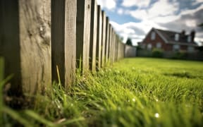 Green lawn, grass, fence are out of focus. Summer garden. High quality photo