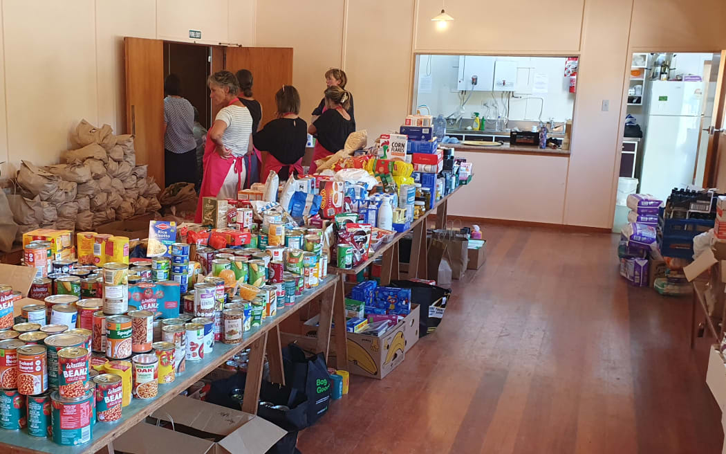 Food donated to help local families in and around Tīnui, Wairarapa, after damage to roads and buildings from Cyclone Gabrielle