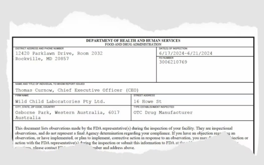 An excerpt of an FDA audit report based on its 2024 inspection of Wild Child's facility in the Perth suburb of Osborne Park.