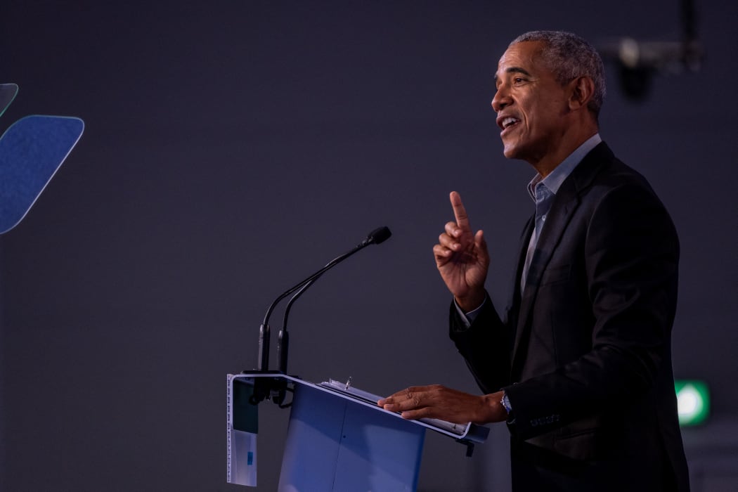 Scotland, Glasgow, 2021-11-08. Barack Obama gives speech at COP26 in Glasgow. Photograph by Pierre Larrieu / Hans Lucas.