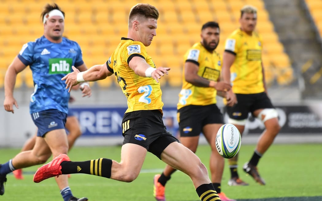 Hurricanes Jordie Barrett kicks the ball during the Hurricanes vs Blues Super Rugby match in Wellington. Copyright Photo by Marty Melville / www.Photosport.nz