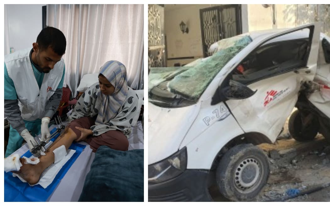 Two images, first of a young girl with headscarf on a hospital bed with  splint and pins in her leg assisted by  a man from Doctors without Borders. The second image shows one of the charities vehicles extensively damaged by the fighting.