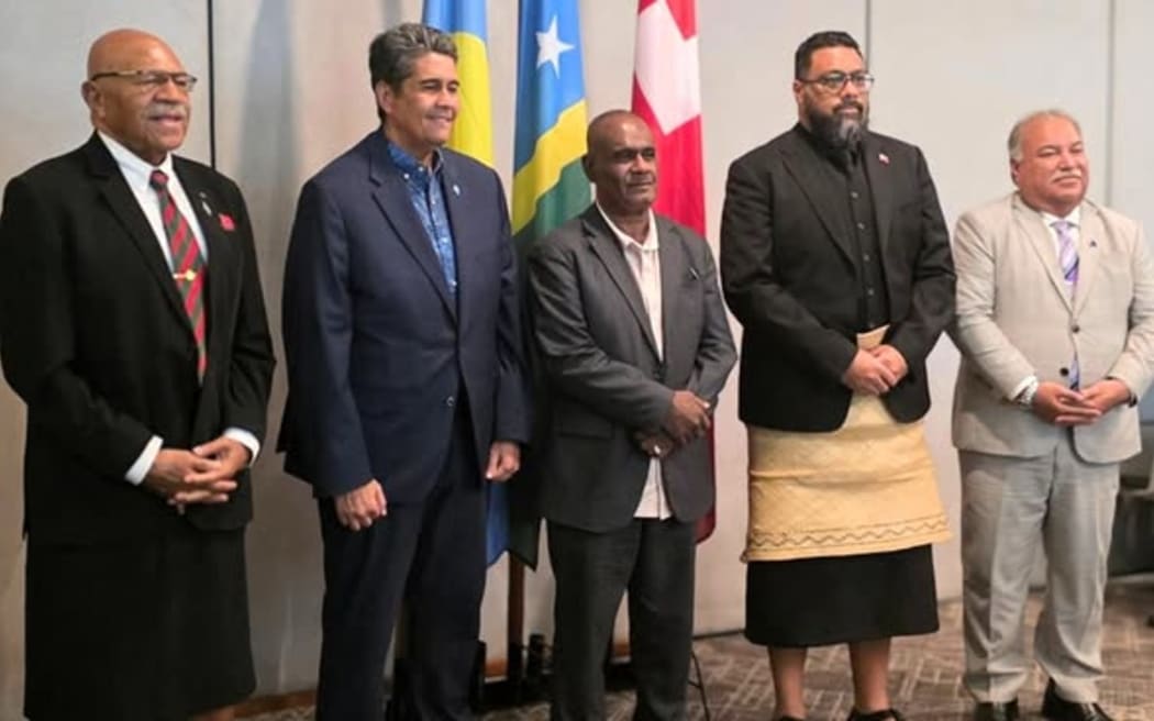 (L-R) Fiji's Prime Minister, Sitiveni Rabuka, President Surangel Whipps of Palau, Solomon Islands Prime Minister Jeremiah Manele, Tonga's Prime Minister, Lord Fakafanua, and the Secretary General of the Pacific Islands Forum, Baron Waqa.
