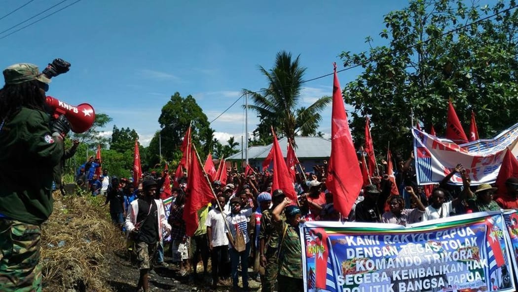 Demonstrators march in Timika in West Papua.