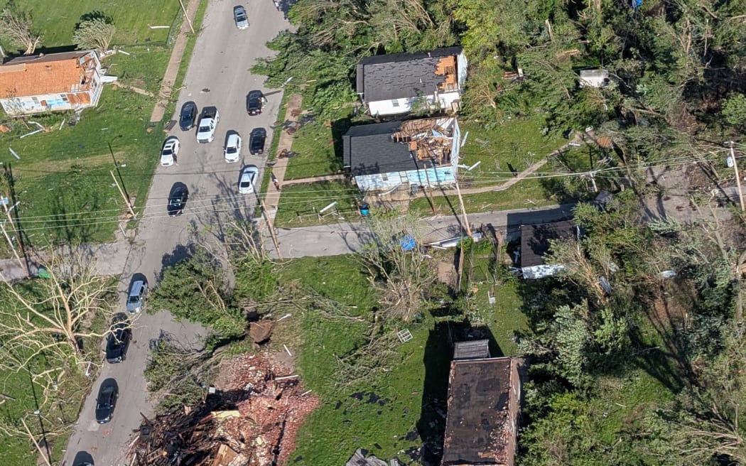 This aerial image obtained from the St. Louis, Missouri, Metropolitan Police Department shows tornado damage on May 16, 2025, in St. Louis. More than 20 people have died after severe storms swept through the US states of Missouri and Kentucky, laying waste to local communities and cutting off electricity to nearly 200,000 people, authorities said. Kentucky governor Andy Beshear said on X that at least 14 people had died in the storms late May 16, 2025, while local officials in Missouri said another seven were dead there. (Photo by Handout / St. Louis Metropolitan Police Department / AFP) / RESTRICTED TO EDITORIAL USE - MANDATORY CREDIT "AFP PHOTO / ST. LOUIS METROPOLITAN POLICE DEPARTMENT" - NO MARKETING NO ADVERTISING CAMPAIGNS - DISTRIBUTED AS A SERVICE TO CLIENTS