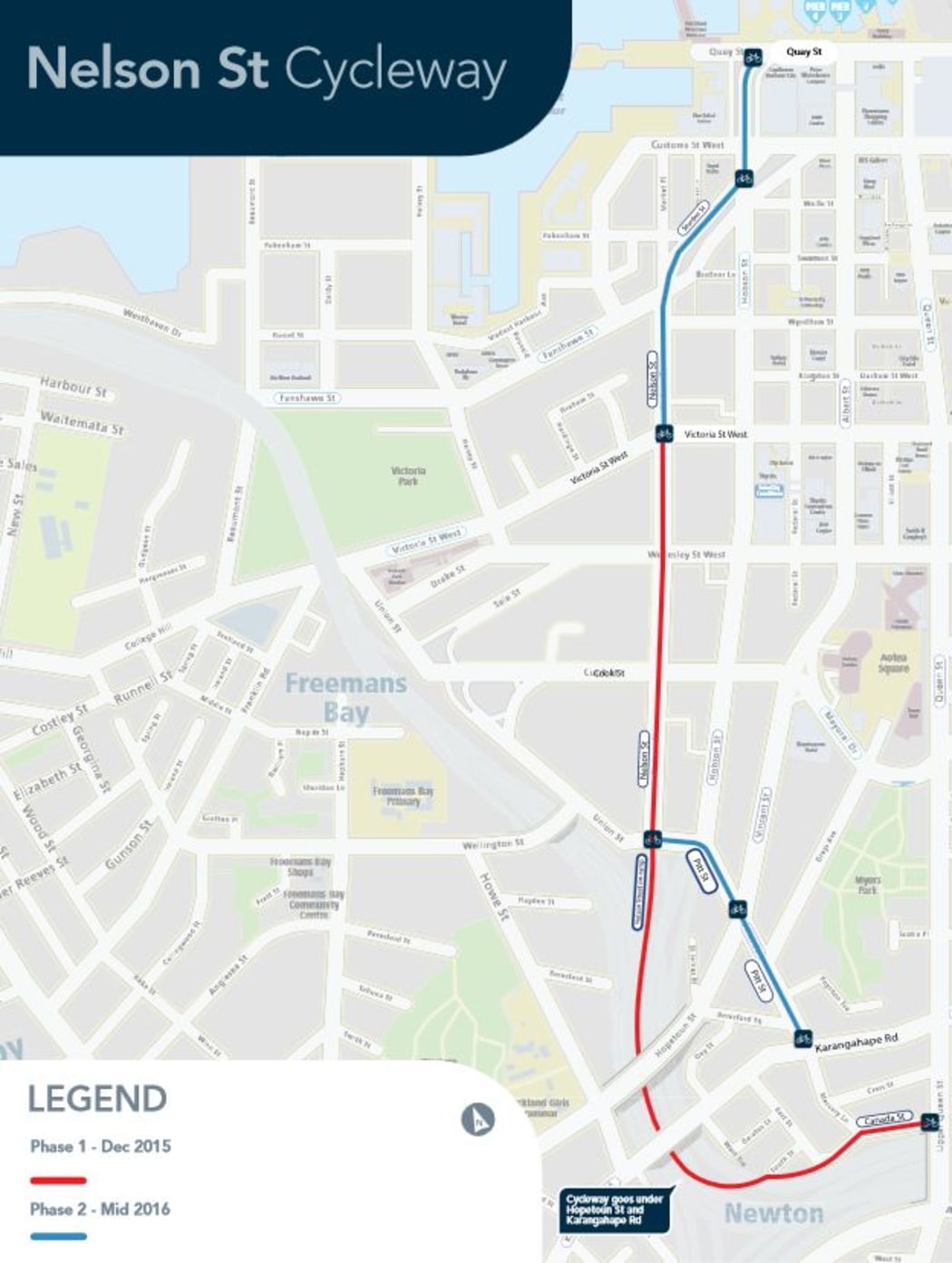 A map shows the Nelson Street Cycleway's planned route from Upper Queen Street to the waterfront.