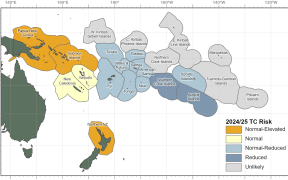 A graphic showing the Niwa/Metservice assessment of the risk that cyclones would to hit the Southwest Pacific basin for November 2024 to April 2025.
