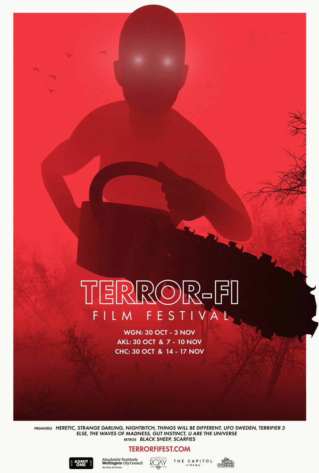 A poster for Terror-Fi film festival. A figure holding a chainsaw, shrouded in red mist, is poised to attack.