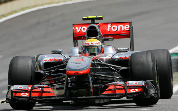 Lewis Hamilton driving the McLaren MP4-25 in Brazil in 2010.