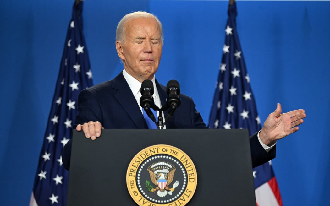 US President Joe Biden gestures as he speaks during a press conference at the close of the 75th NATO Summit at the Walter E. Washington Convention Center in Washington, DC on July 11, 2024. (Photo by SAUL LOEB / AFP)
