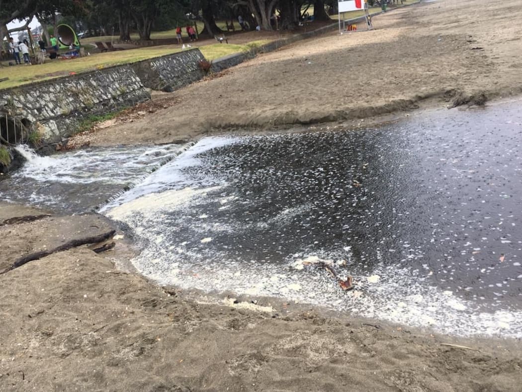 Takapuna Beach was shut at 3.30pm after a storm water drain overflowed.