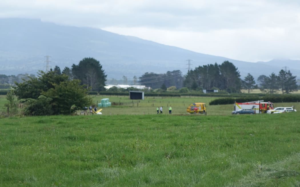The scene of a microlight crash on 7 February, 2023, in a paddock north of the Stratford Aerodrome on Flint Road.
