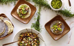 Corn Tortillas with black beans, corn and a green grape salsa