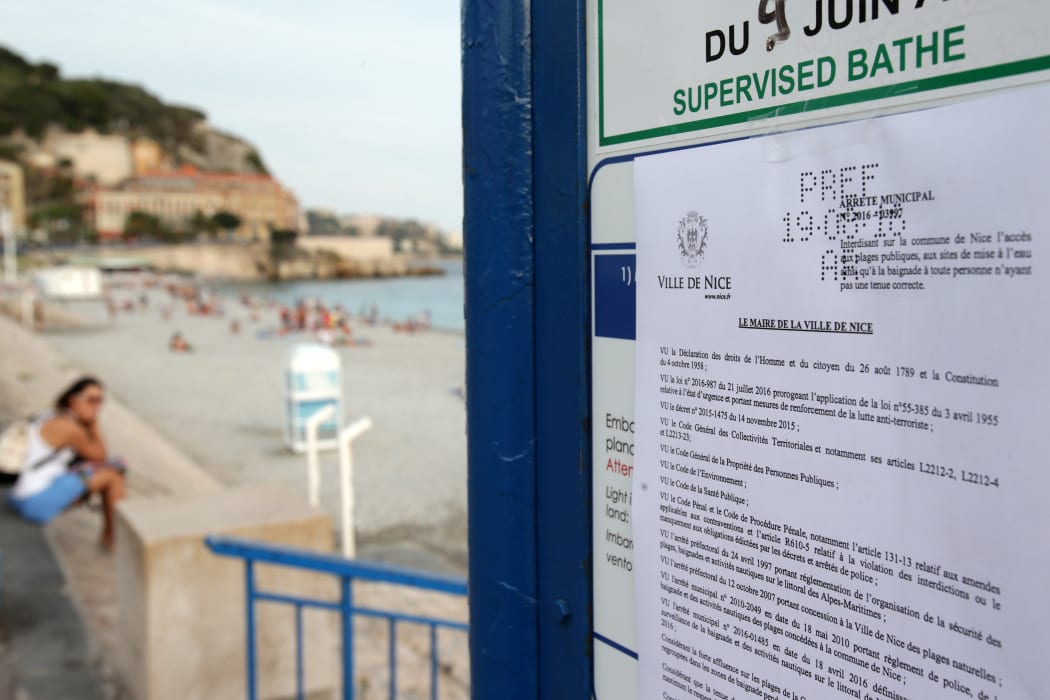 A sign in Nice showing the bylaw, which has now been lifted, forbidding women to wear the burkini at the beach.