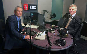National Party leader Bill English (left) in the RNZ Auckland studio with Guyon Espiner.