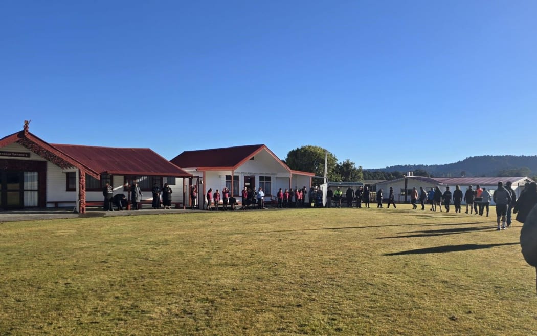 Te Hoata Mahinga Kai students are welcomed by Ngāti Rangi to Maungarongo Marae in Ohakune.