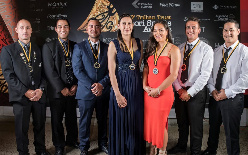 The ACC Sportsmart Māori in World Champion Teams are John Kirkpatrick, left, Joel Henare, Shannon Mcilroy, Mary Ann Baty, Terina Te Tamaki, Thomas Enoka, and Nathan Nukunuku at the  27th Maori Sports Awards in Auckland.
