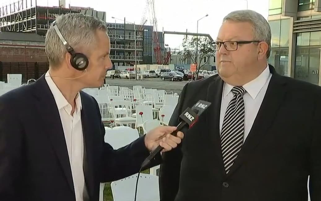 RNZ's Guyon Espiner talks with Earthquake Recovery Minister Gerry Brownlee in Christchurch on the fifth anniversary of the 6.4 quake.