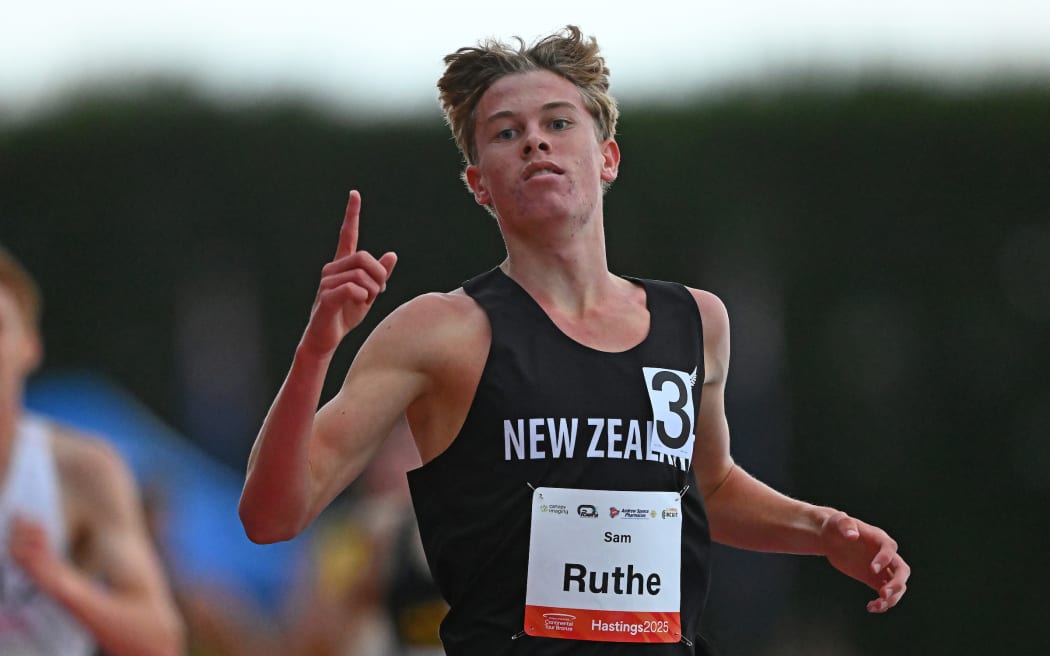 Sam Ruthe celebrates as he wins the mens 3000m, Potts Track and Field Classic, Mitre 10 Sports Park, Hastings, New Zealand. Saturday 01 February 2025 © Photo: Kerry Marshall / Photosport