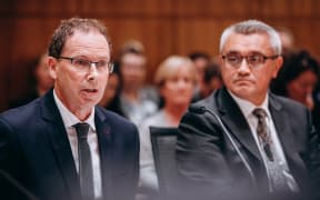 RNZ chief executive Paul Thompson, left, and board chairman Dr Jim Mather at the Economic Development, Science and Innovation select committee on Thursday 13 February.