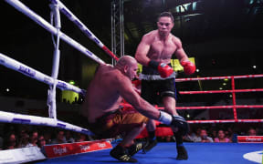 Joseph Parker knocks out Jason Bergman in the Rumble in Paradise boxing match, Apia, Samoa.