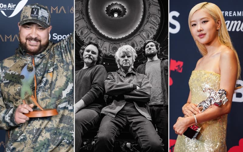 A composite image of Hori Shaw, Crowded House band members including Neil Finn and Blackpink's ROSÉ whose songs were among the most streamed in NZ this year on Spotify.