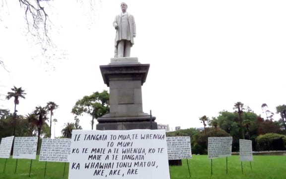 Placards about Parihaka on display in Albert Park.