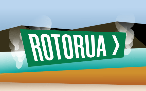 "Rotorua" in the style of iconic New Zealand road sign.