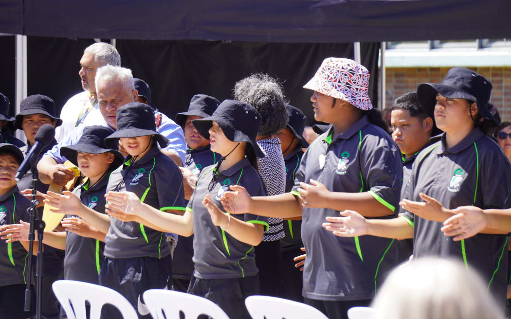 Omahu School students perform their waiata. Civic Square in Hastings, 14 February 2024.