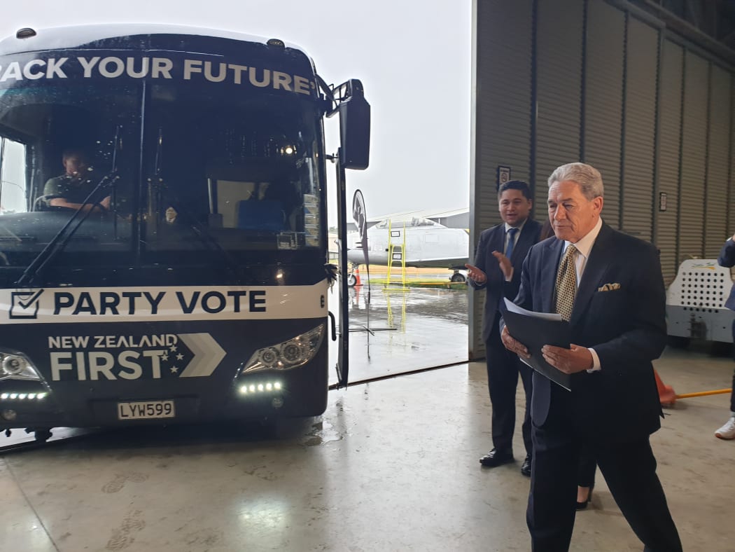 Winston Peters with the NZ First bus on the election campaign in Tauranga.