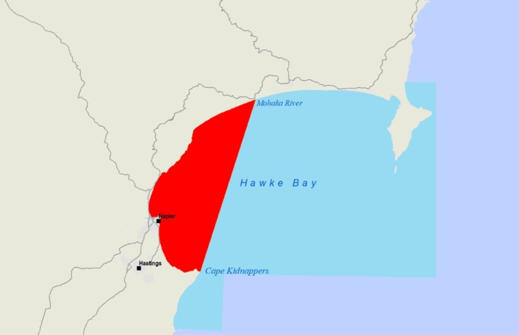 A map from MPI shows the affected area for the toxic shellfish warning in Hawke's Bay.