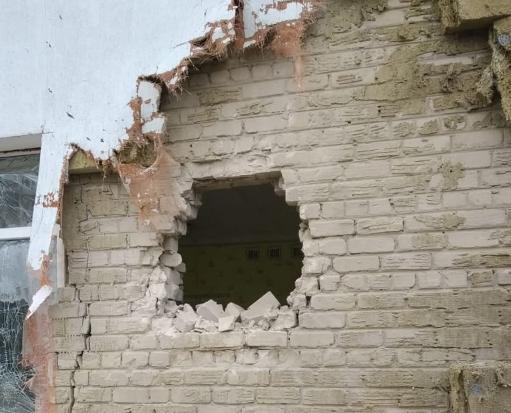 Class room of a kindergarten in a village of Stanytsia Luhanska in eastern Ukraine is allegedly hit by shells fired by Russian-backed rebels in eastern Ukraine on Thursday Feb 17, 2022, wounding two teachers, but no child are wounded, according to Ukrinform.