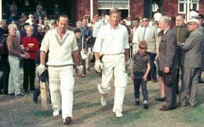New Zealand openers Brian Hastings (left) and Mark Burgess make their way to the pitch.