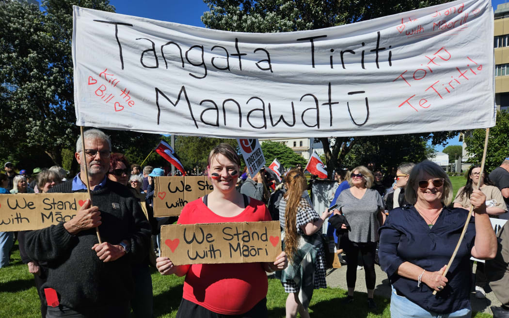 Lise Bakker (center) and other supporters of the hīkoi mo te Tiriti at the rally in Palmerston North, Sunday November 17th 2024.